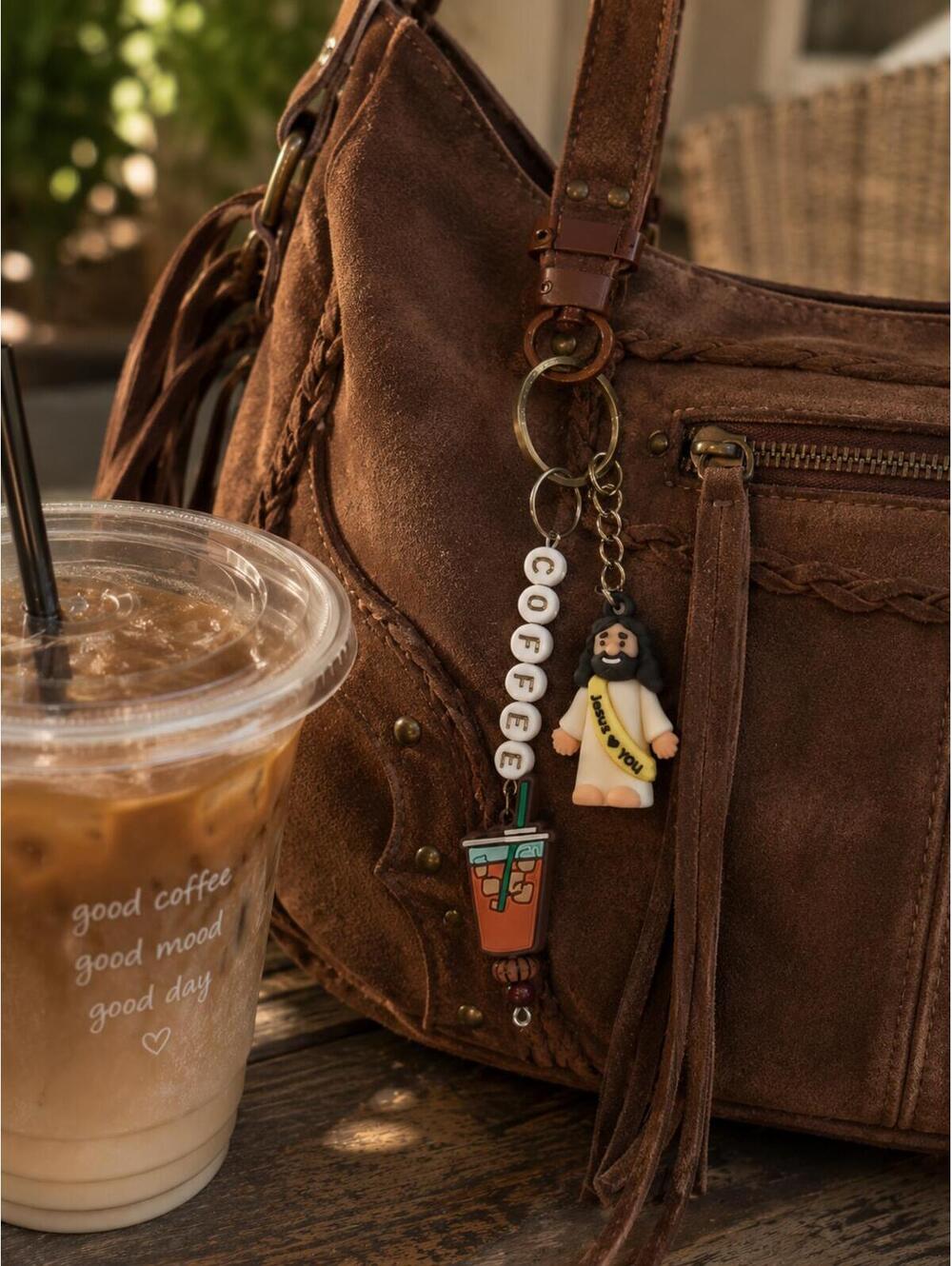 390 New Handmade Coffee and Jesus Bag Charm Keychain R0000390
